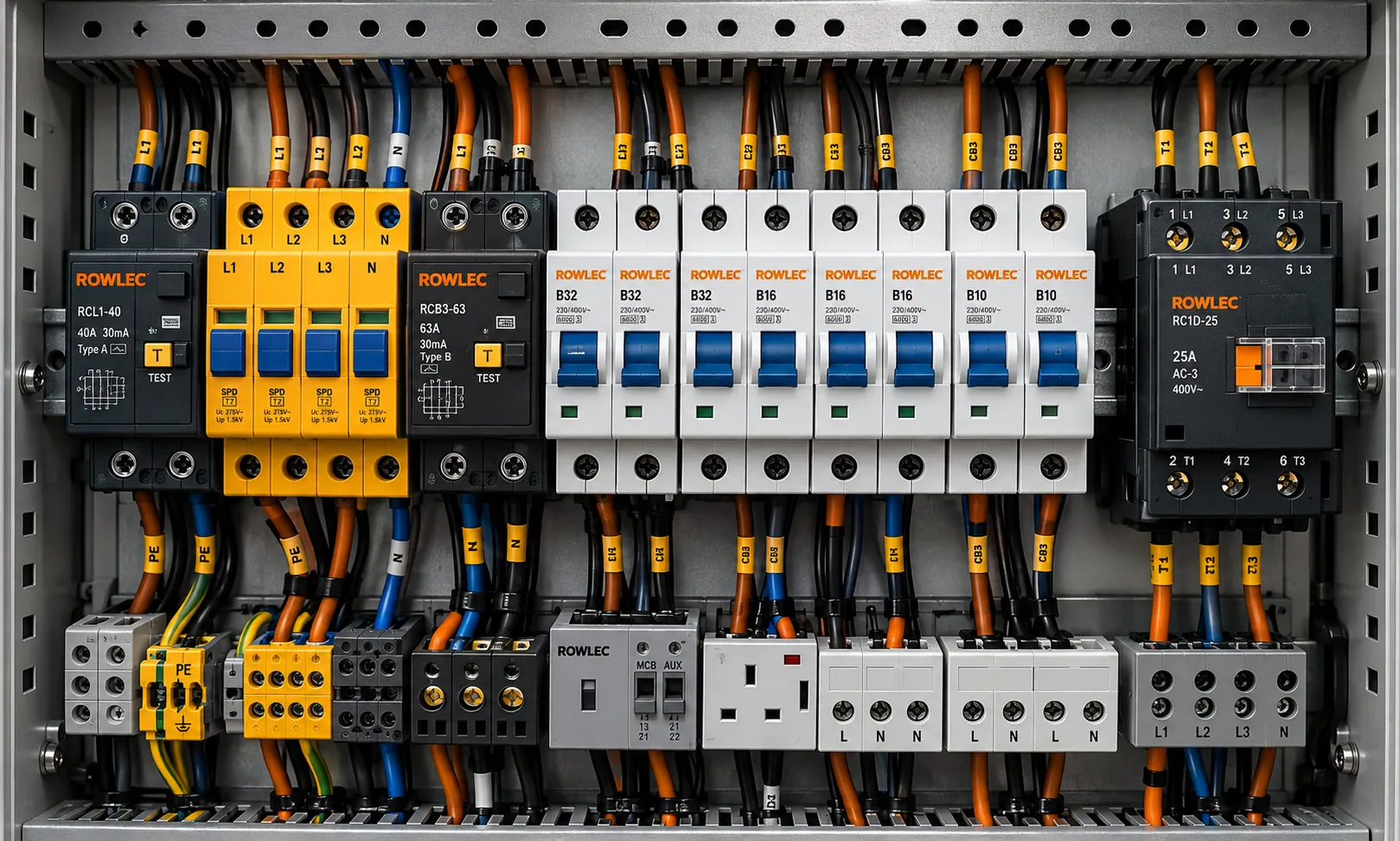 Miniature circuit breakers on DIN rail in a control panel
