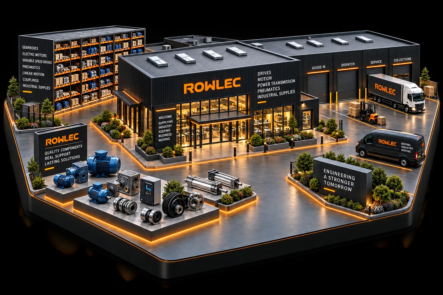 Illustrated Rowlec distribution site with stocked racking, motors, gearboxes and drives on display, and delivery vehicles at the dispatch bays